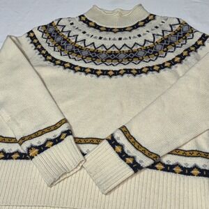 J. Crew Lambswool Blend Sweater Mens Large Fair Isle Yoked Nordic Rollneck Creme